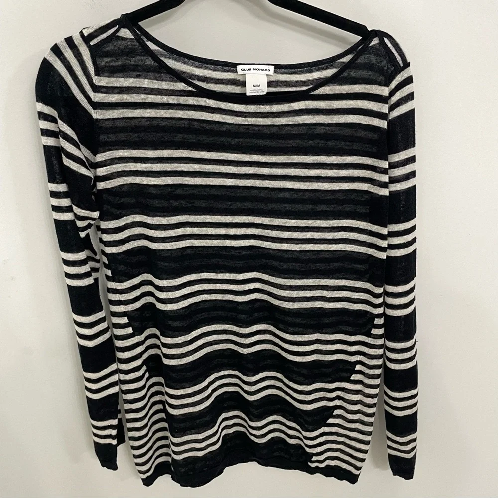 New! Club Monaco Featherweight Linen Blend Sweater Size Medium Black Stripe.  B - Picture 2 of 7